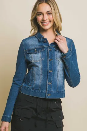 STRETCHY Distressed Button Up Denim Jacket