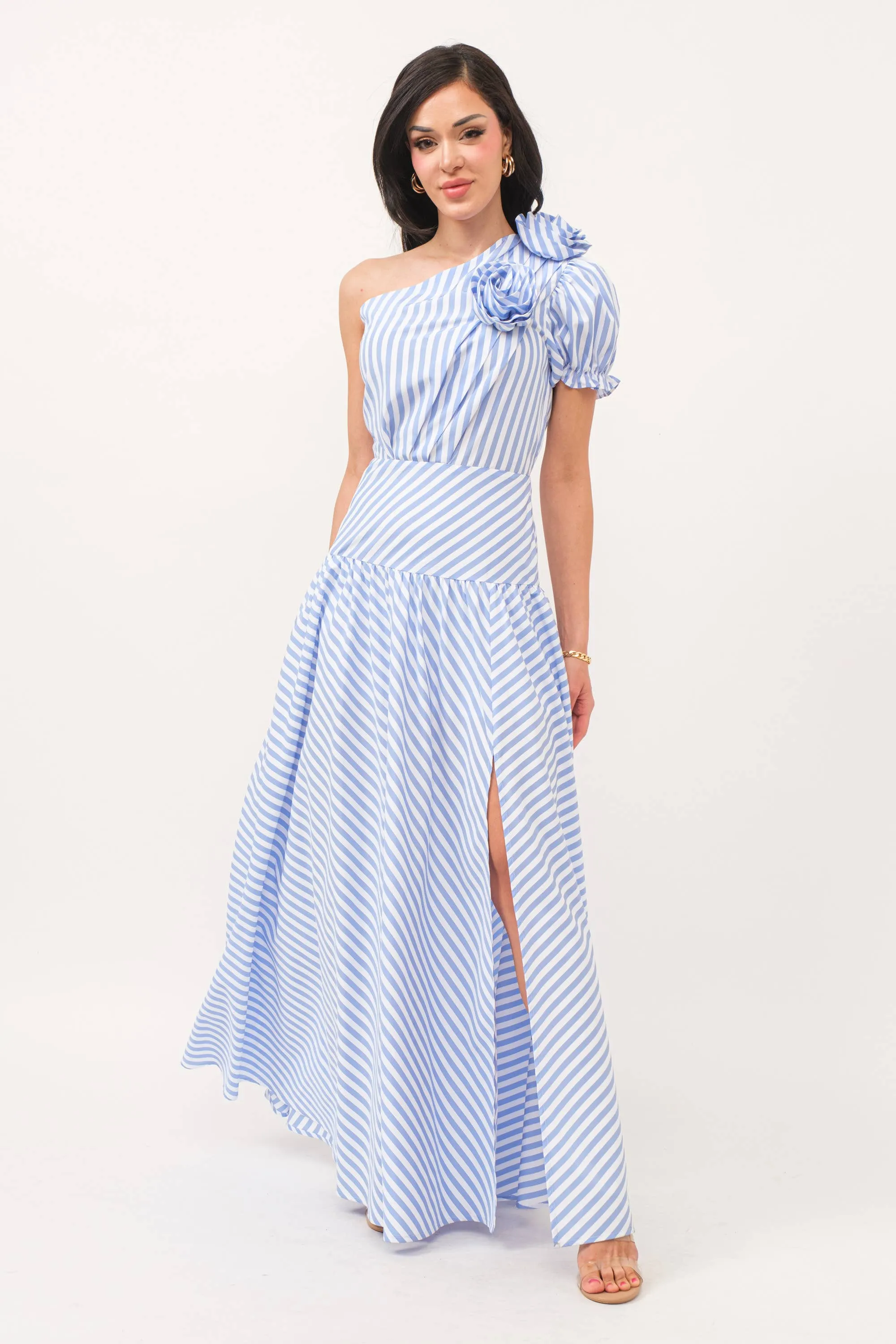 Stripe print one shoulder dress with self flower detail: L / Royal Blue