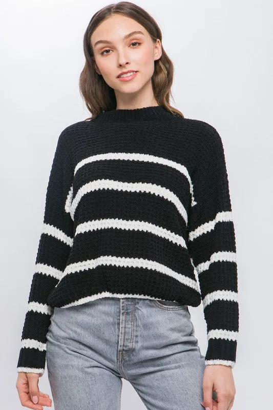 Striped Waffle Knit Long Sleeve Sweater Top