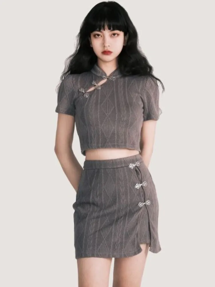 Summer Casual Button Retro Two Piece Set Women Hollow Out Midriff Sexy Mini Skirt Set New Chinese Style Slim Suits