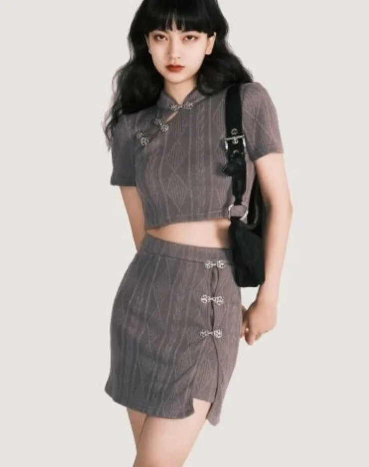 Summer Casual Button Retro Two Piece Set Women Hollow Out Midriff Sexy Mini Skirt Set New Chinese Style Slim Suits