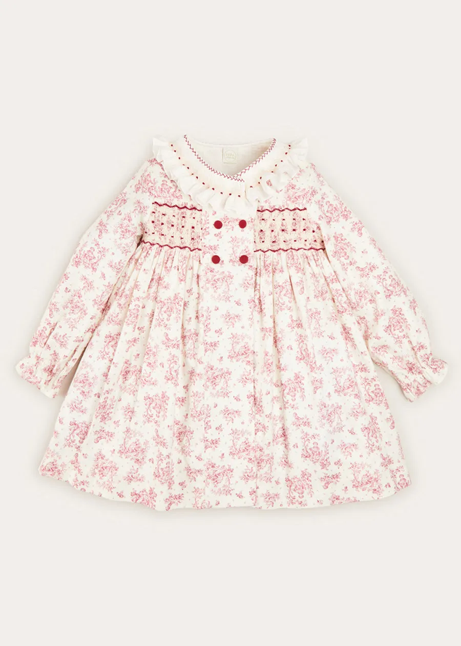 Toile Double Breasted Handsmocked Collar Dress In Burgundy (12mths-10yrs)