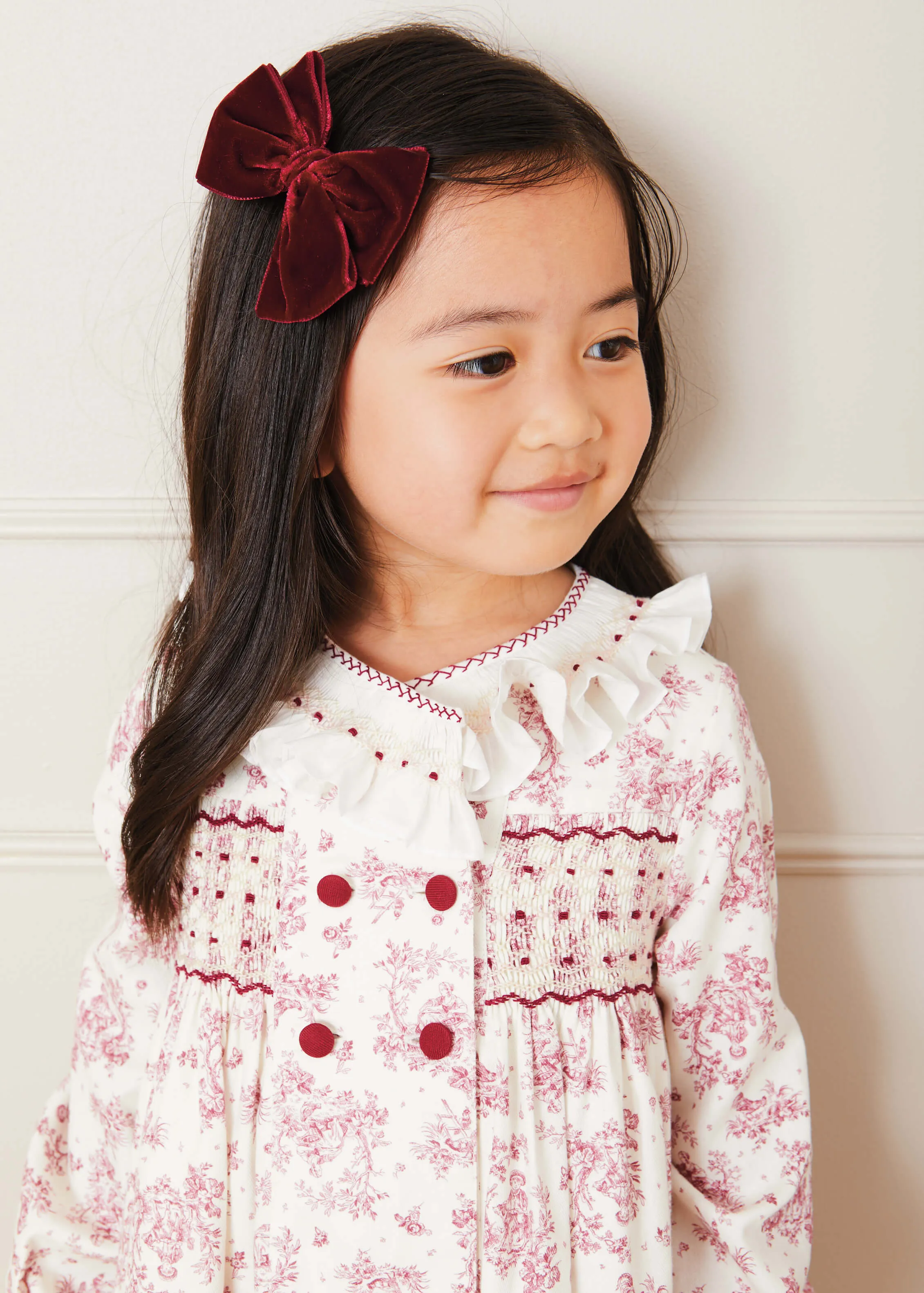 Toile Double Breasted Handsmocked Collar Dress In Burgundy (12mths-10yrs)