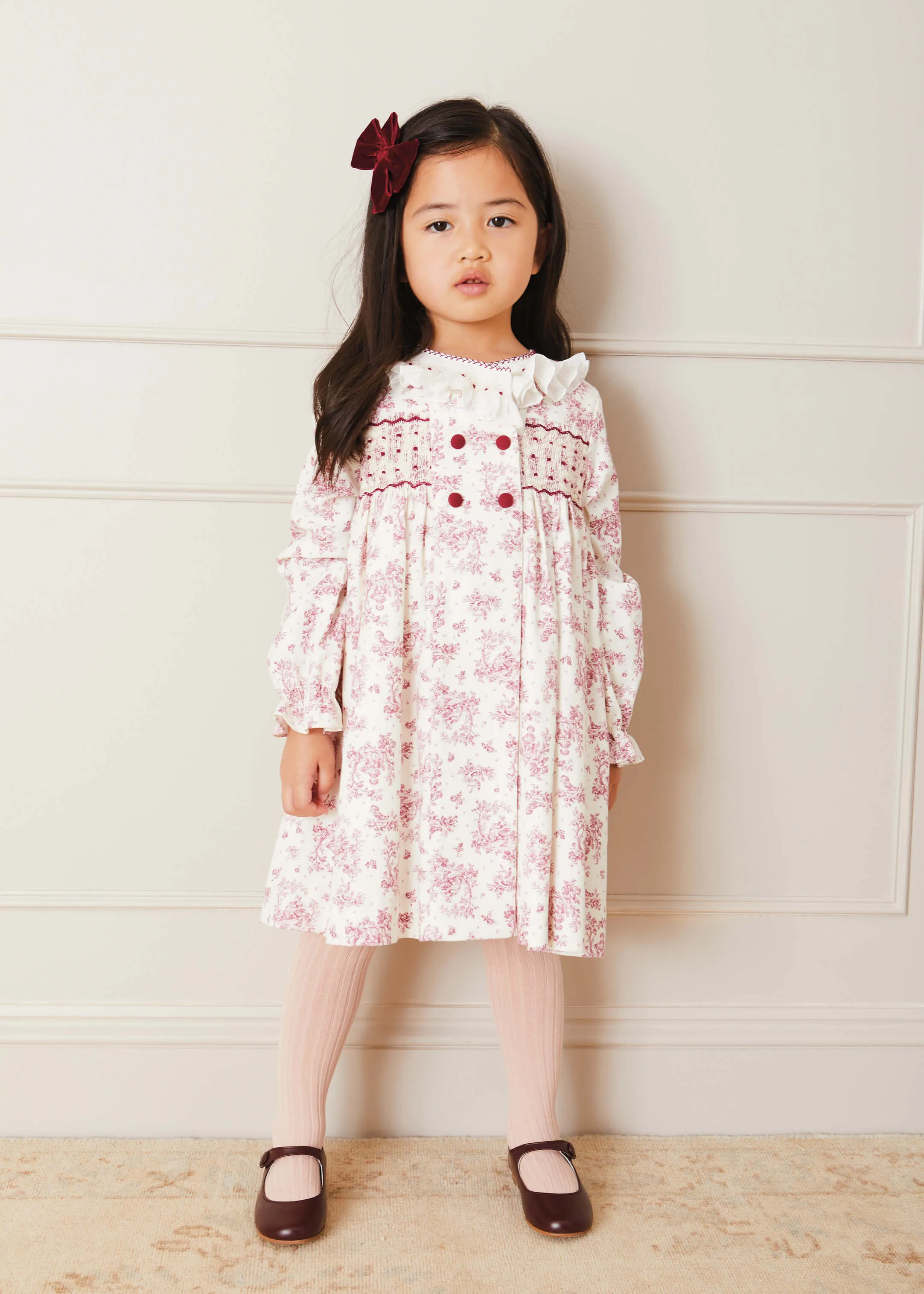 Toile Double Breasted Handsmocked Collar Dress In Burgundy (12mths-10yrs)