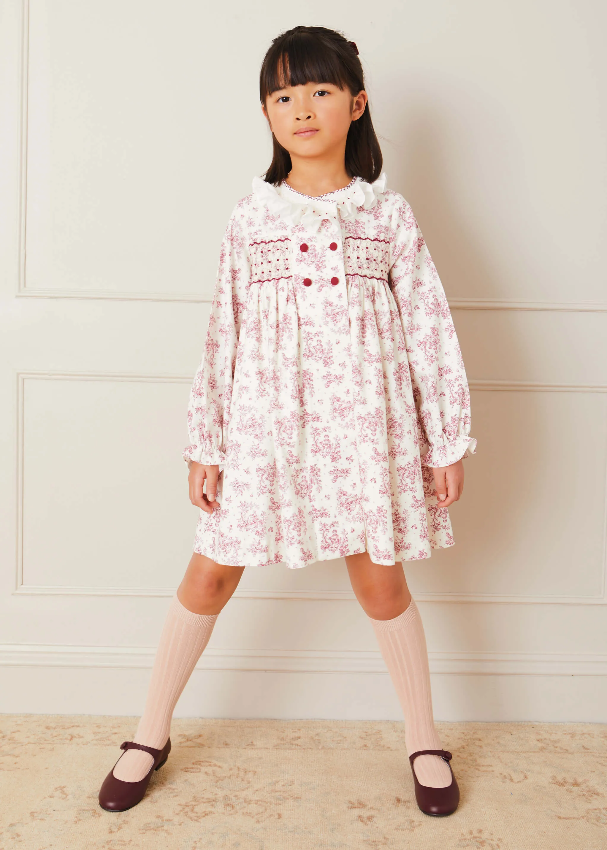 Toile Double Breasted Handsmocked Collar Dress In Burgundy (12mths-10yrs)