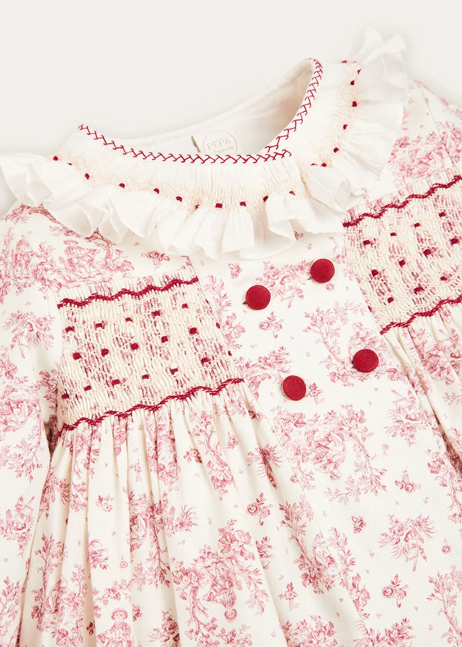 Toile Double Breasted Handsmocked Collar Dress In Burgundy (12mths-10yrs)