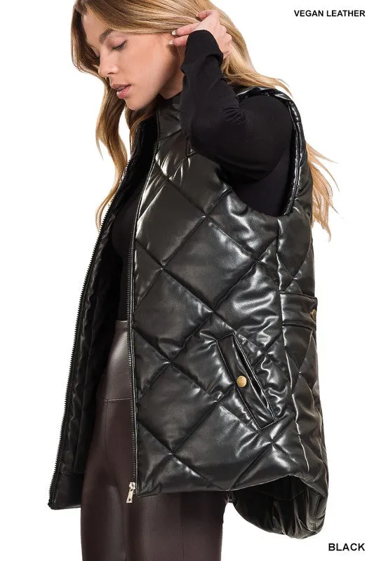 Vegan Leather Quilted Puffer Vest