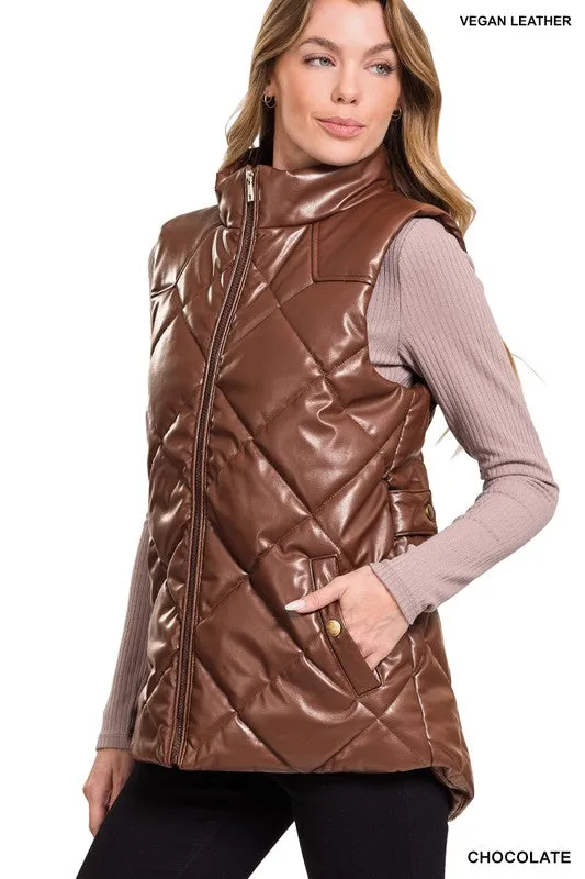 Vegan Leather Quilted Puffer Vest