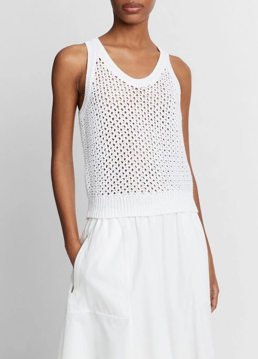 Vince Mesh-Stitch Cotton Sweater Tank in Optic White