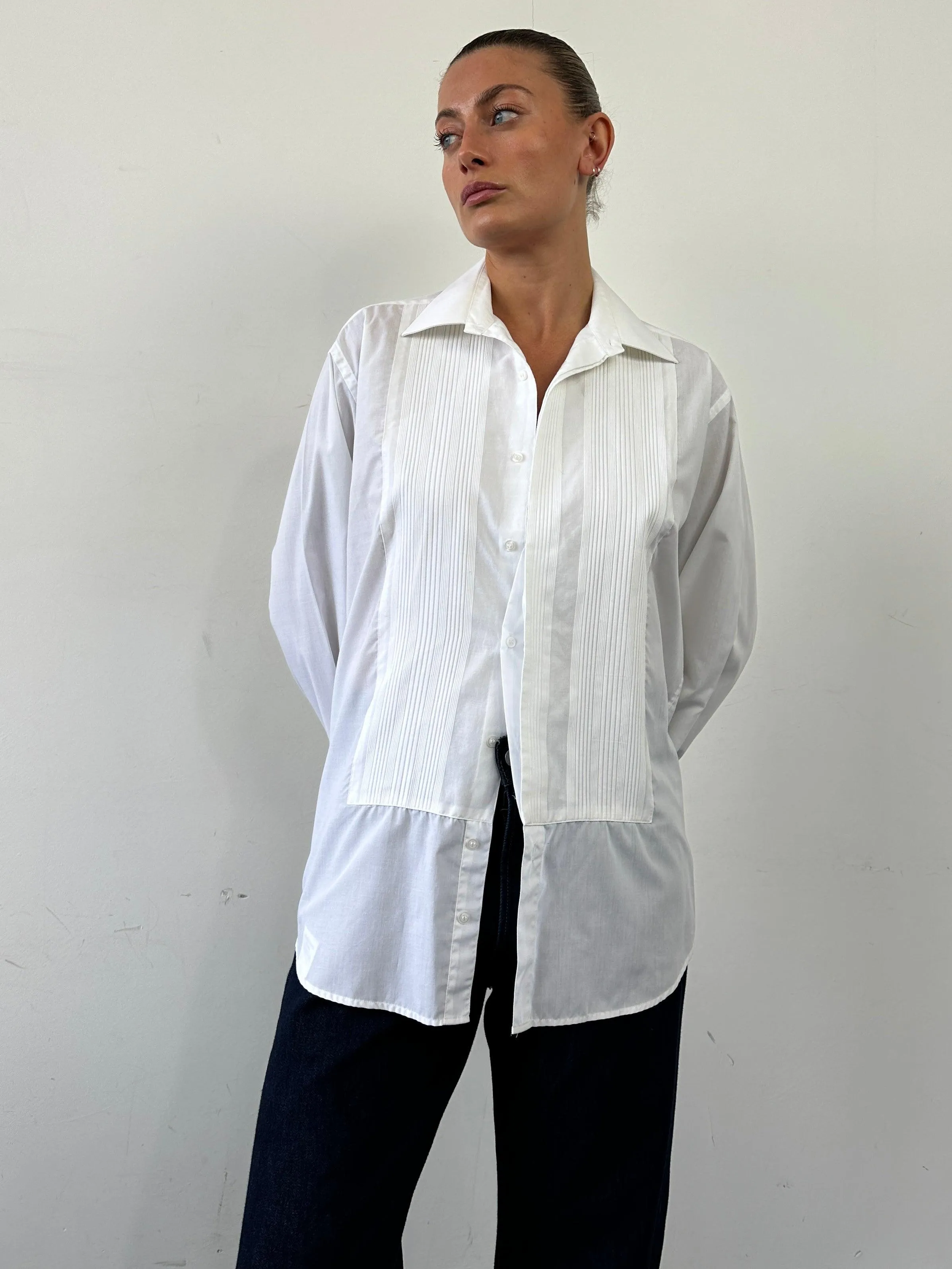 Vintage Cotton Pleated Tuxedo Dress Shirt - XL