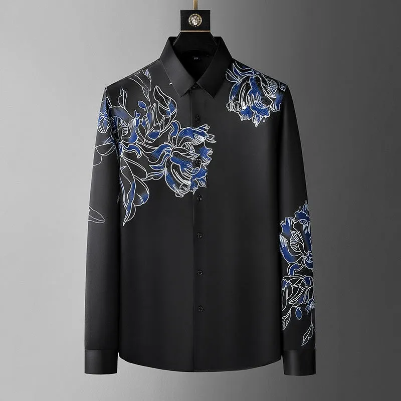 Vintage Flower Rhinestones Streetwear Casual Tuxedo Shirt for Men