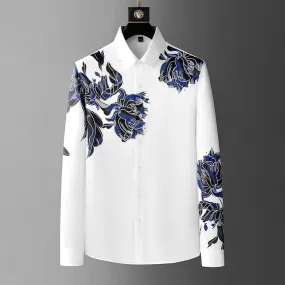 Vintage Flower Rhinestones Streetwear Casual Tuxedo Shirt for Men