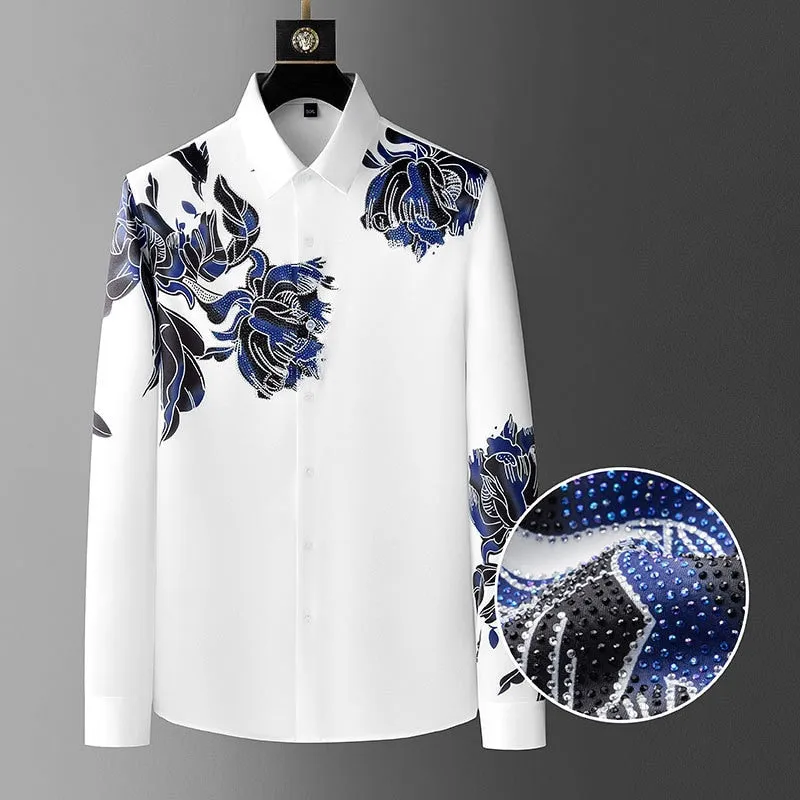 Vintage Flower Rhinestones Streetwear Casual Tuxedo Shirt for Men