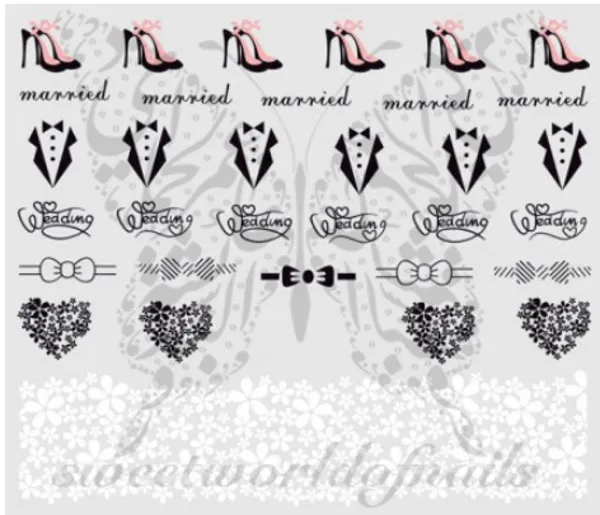 Wedding Nail Art Married Tuxedo High Heels Heart Bow Nail Water Decals Water Slides