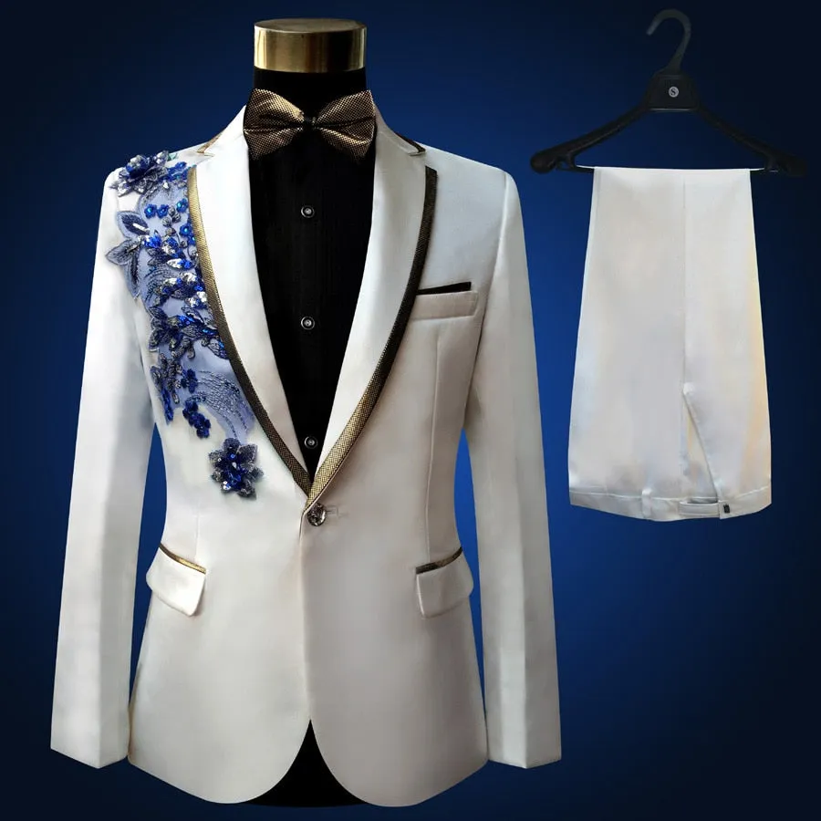 White Blue Beaded Slim Fit Tuxedo Jacket Pants Two-Piece Suit for Men