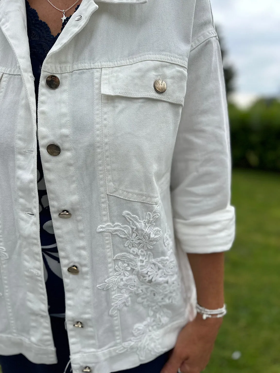 White Floral Embroidered Denim Jacket Harriet