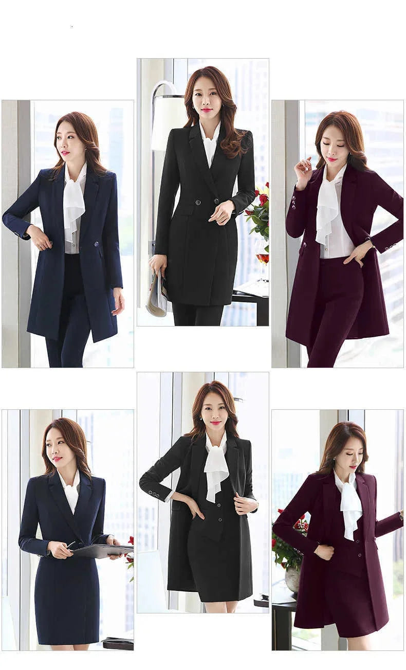 Women's Black Winter Formal Vest Single Breasted Blazer Mid Waist Skirt Set