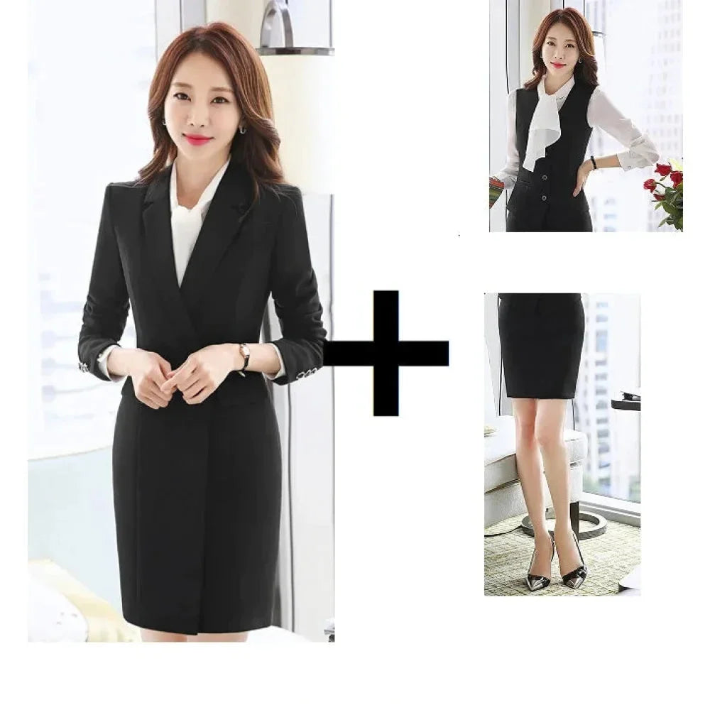 Women's Black Winter Formal Vest Single Breasted Blazer Mid Waist Skirt Set