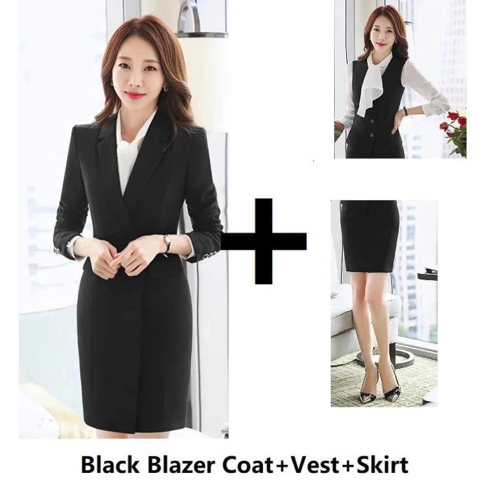 Women's Black Winter Formal Vest Single Breasted Blazer Mid Waist Skirt Set