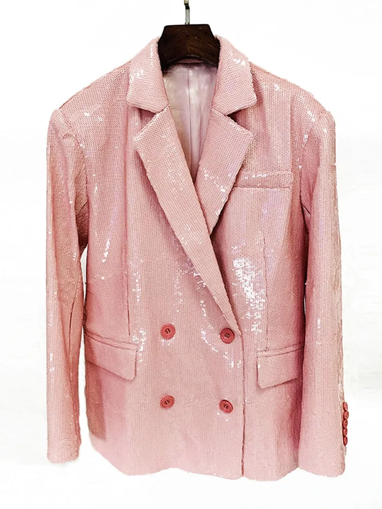 Women's Blazer Notched Collar Double Breasted Sequins Full Sleeves Pink Suit Jackets