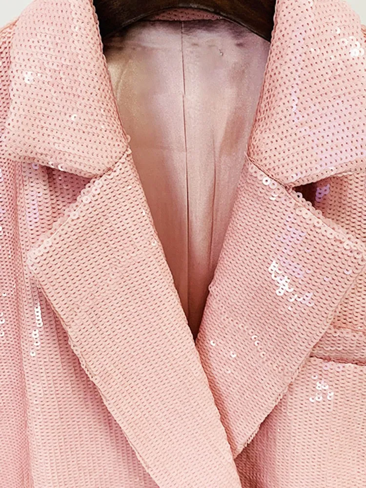 Women's Blazer Notched Collar Double Breasted Sequins Full Sleeves Pink Suit Jackets