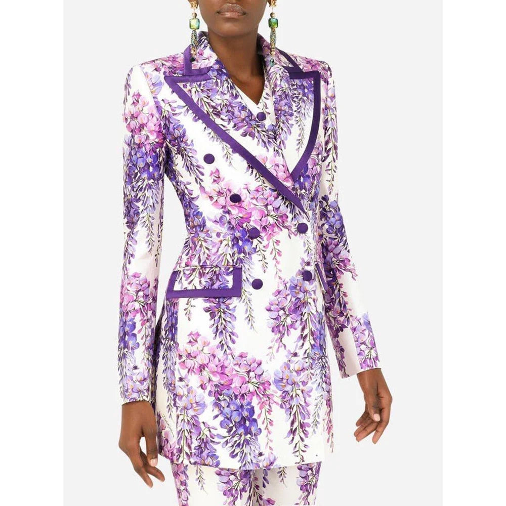 Women's Double-Breasted Full Sleeve Printed Blazer High Waist Pants Suit