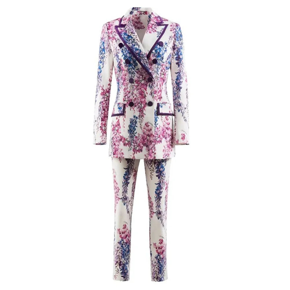 Women's Double-Breasted Full Sleeve Printed Blazer High Waist Pants Suit