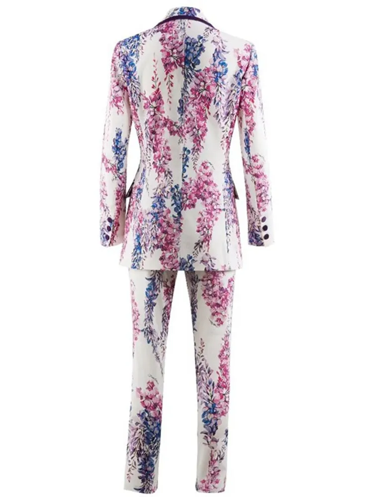 Women's Double-Breasted Full Sleeve Printed Blazer High Waist Pants Suit