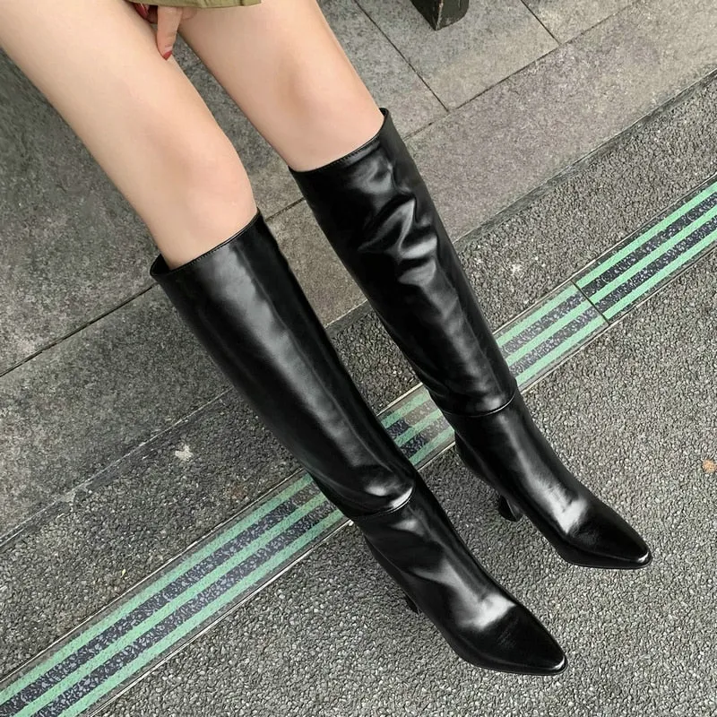 Women's Fashion Solid Warm Winter Pointed Toe Knee High Heeled Boots