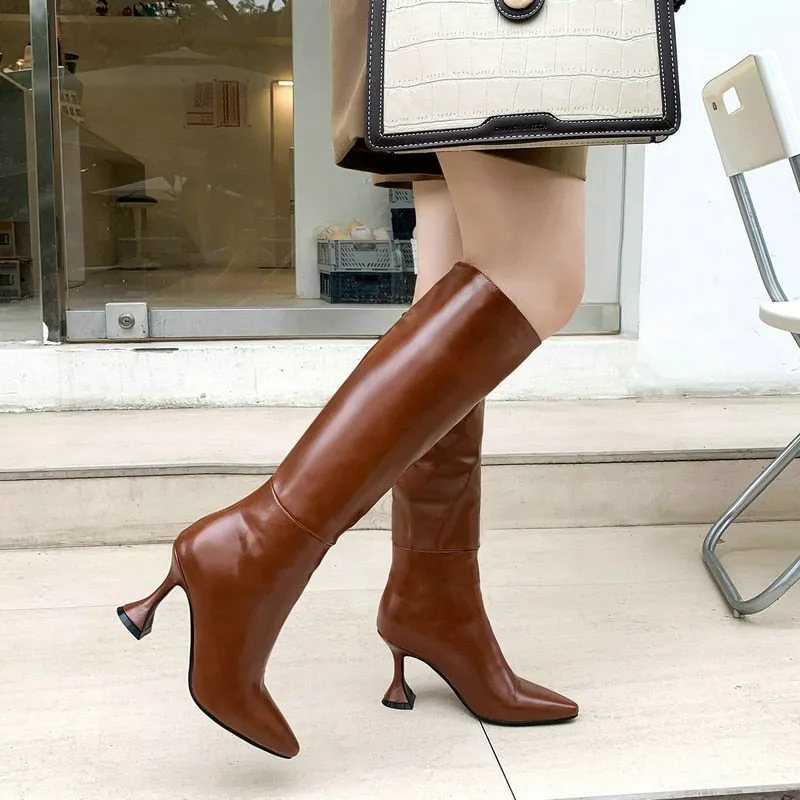 Women's Fashion Solid Warm Winter Pointed Toe Knee High Heeled Boots