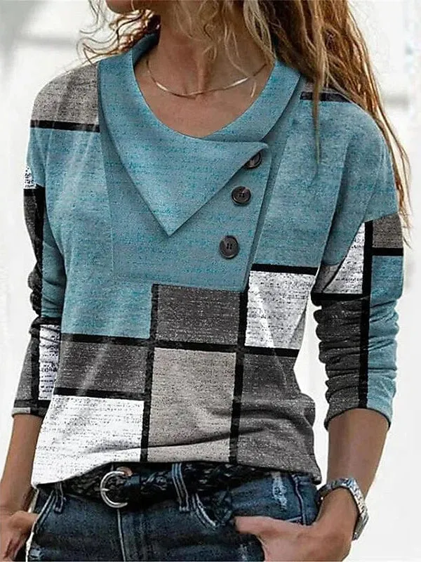 Women's Geometric Abstract Print Long Sleeve T-Shirt with Button Pile Neck