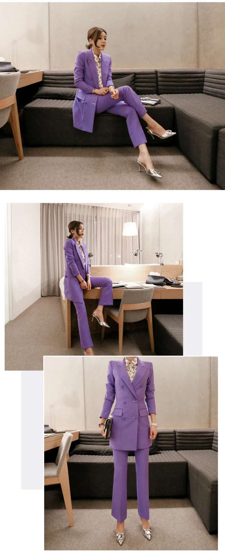 Women's Korean Formal Double Breasted Blazer Slit Pants Two-Piece Set