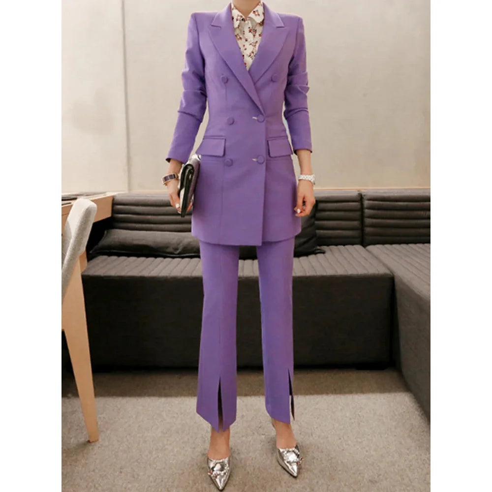 Women's Korean Formal Double Breasted Blazer Slit Pants Two-Piece Set