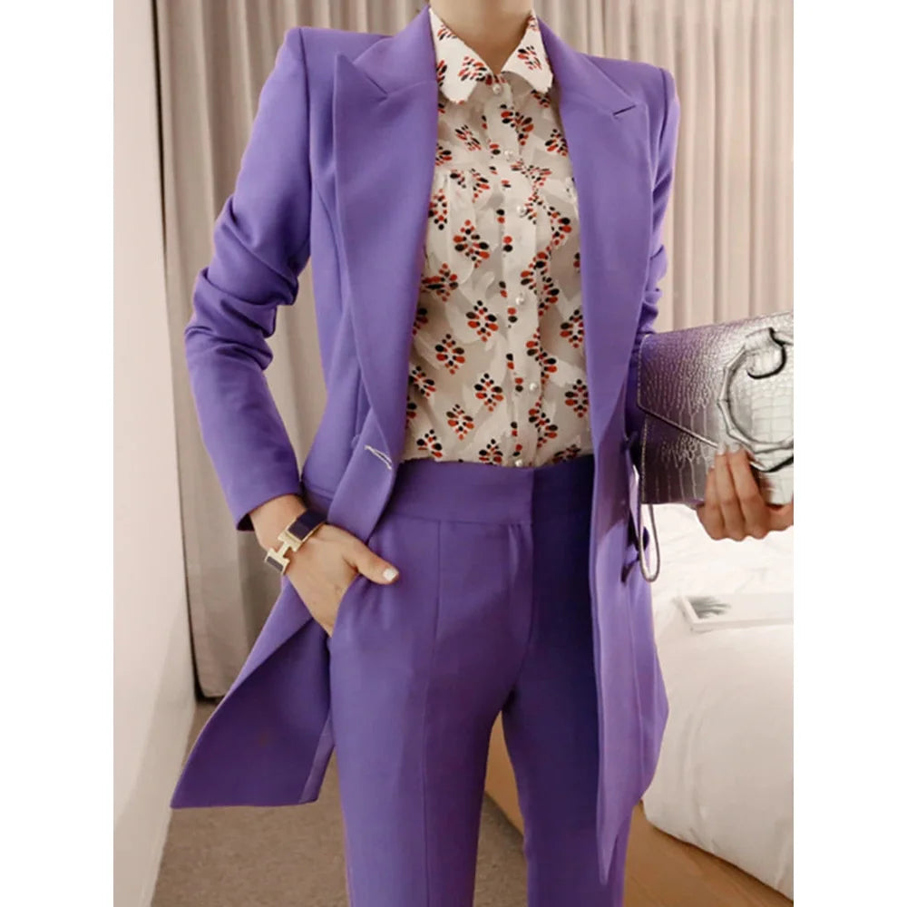 Women's Korean Formal Double Breasted Blazer Slit Pants Two-Piece Set