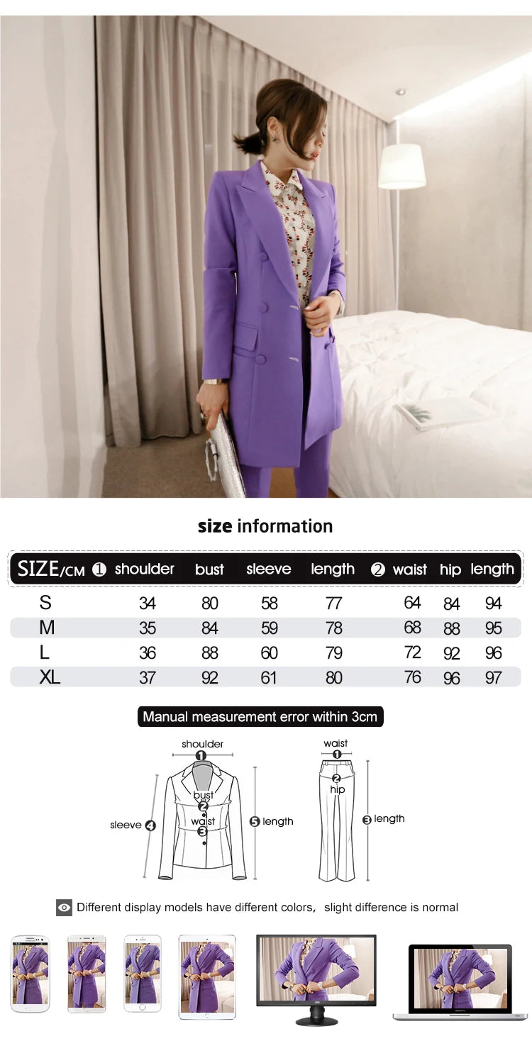 Women's Korean Formal Double Breasted Blazer Slit Pants Two-Piece Set