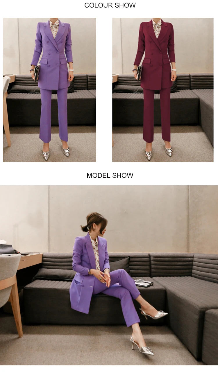 Women's Korean Formal Double Breasted Blazer Slit Pants Two-Piece Set