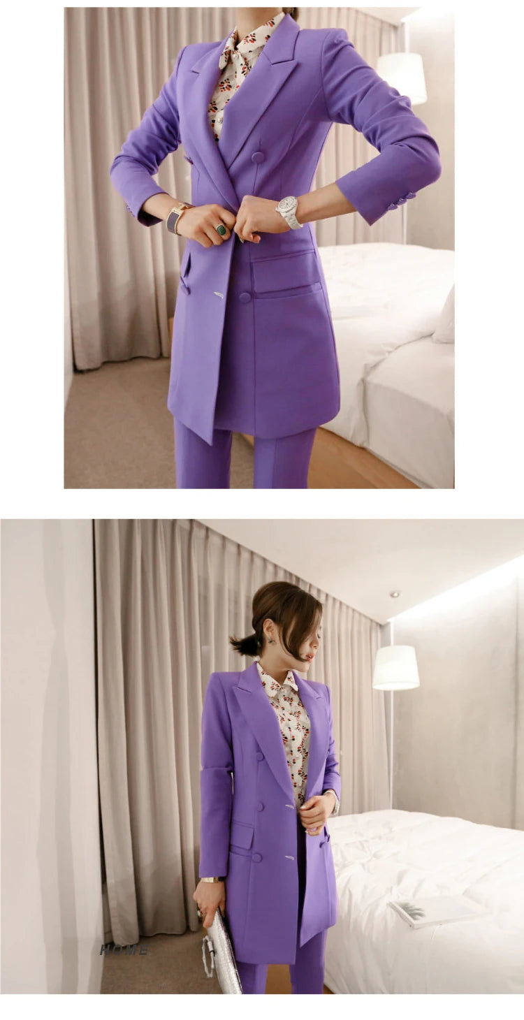 Women's Korean Formal Double Breasted Blazer Slit Pants Two-Piece Set