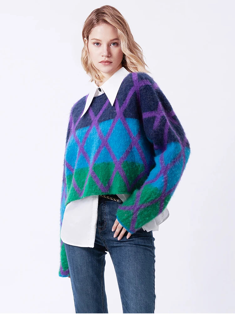 Womens Mohair Sweater For Women Round Neck Long Sleeve Colorblock Knitting Pullovers