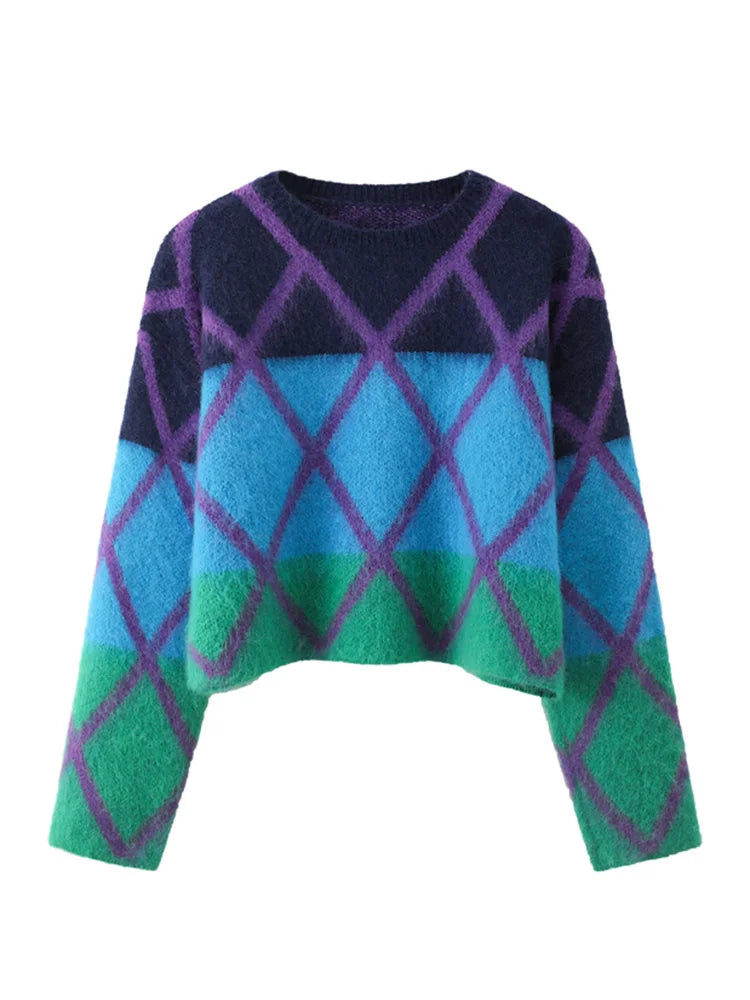 Womens Mohair Sweater For Women Round Neck Long Sleeve Colorblock Knitting Pullovers