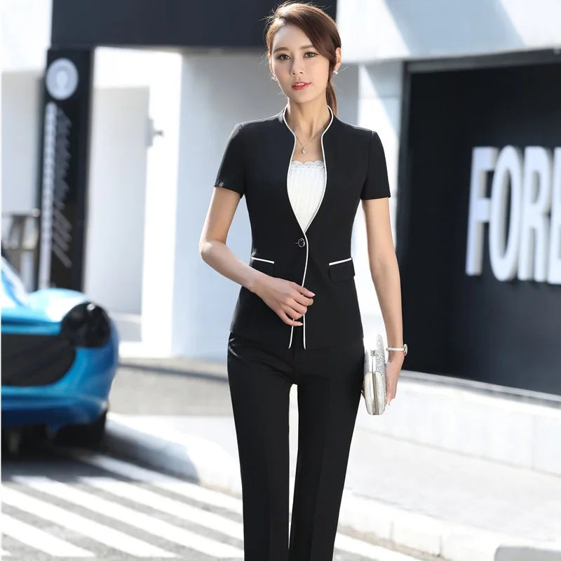 Women's Summer Formal Office Lady Style Blazer with Pants Two-piece Set