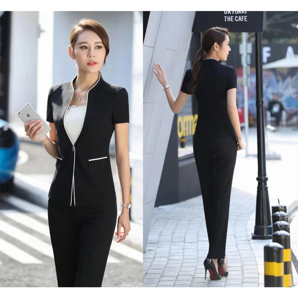 Women's Summer Formal Office Lady Style Blazer with Pants Two-piece Set