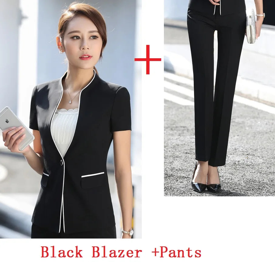 Women's Summer Formal Office Lady Style Blazer with Pants Two-piece Set