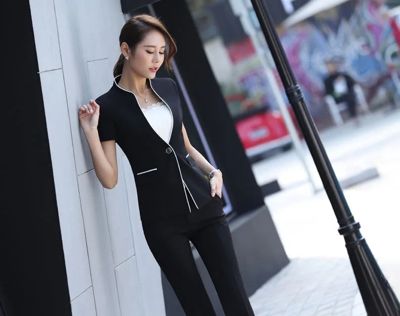 Women's Summer Formal Office Lady Style Blazer with Pants Two-piece Set