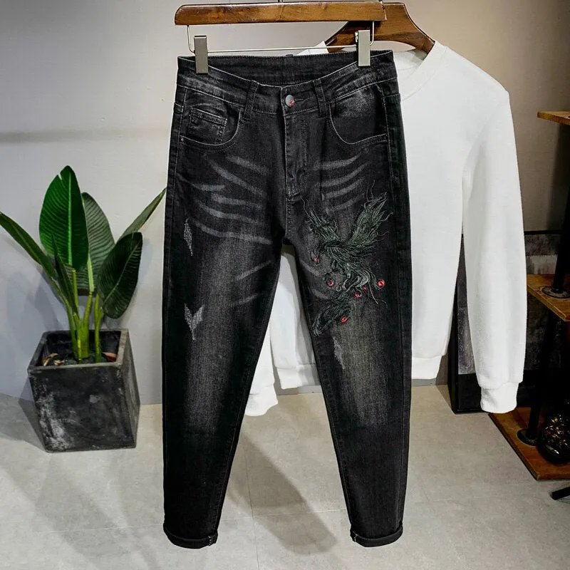 Xituodai New Streetwear Men's Jeans Stretch Casual Fashion Washed Retro Style Personality Embroidered Black Male Denim Trousers