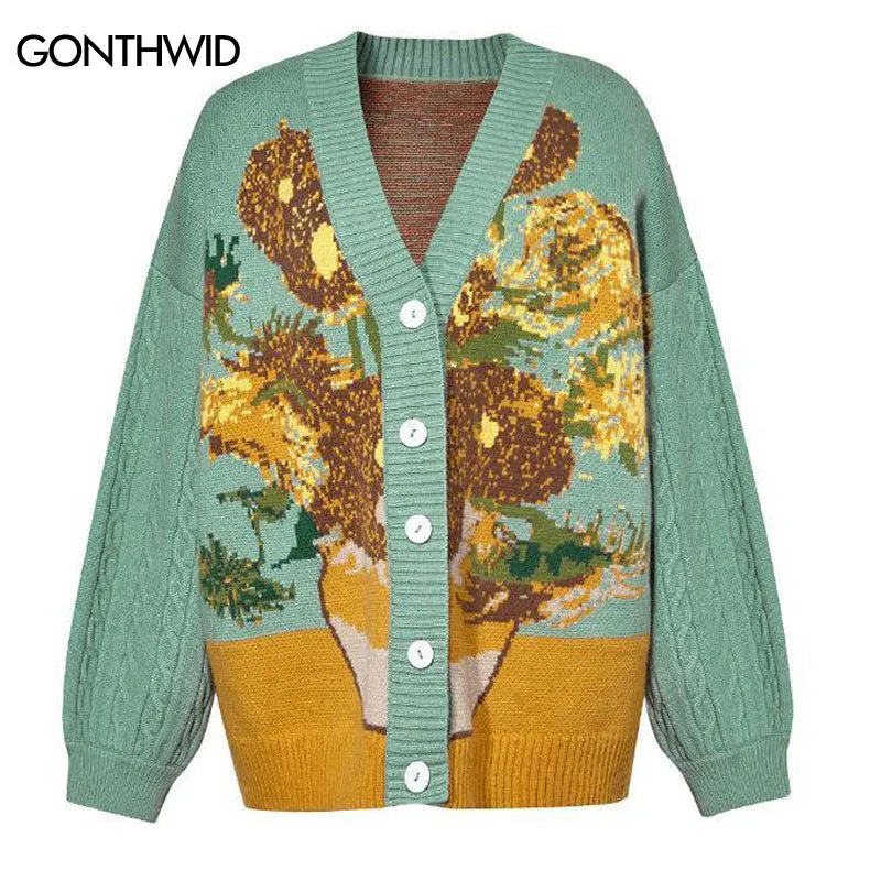 Xituodai Unisex Cardigan Sweater Harajuku Van Gogh Sunflower Knitted Button Cardigan Women Men Autumn Casual Loose Knit Top Gree