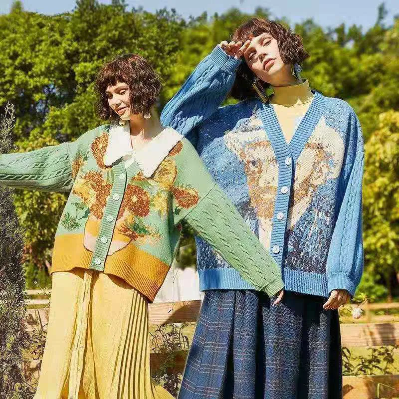 Xituodai Unisex Cardigan Sweater Harajuku Van Gogh Sunflower Knitted Button Cardigan Women Men Autumn Casual Loose Knit Top Gree