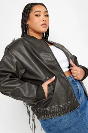 YOURS Curve Grey Washed Faux Leather Bomber Jacket