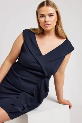 YOURS LONDON Curve Navy Blue Tuxedo Style Ruffle Dress